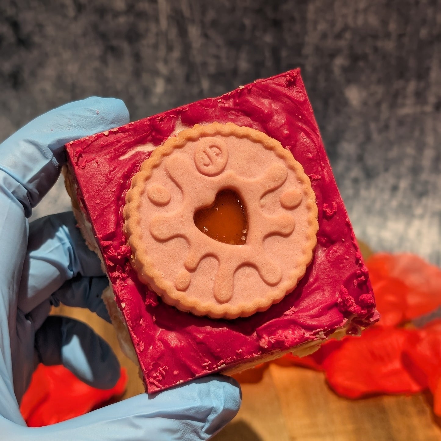 Jammie Dodger white chocolate rocky road traybake with crushed JD biscuit and marshmallow pieces.