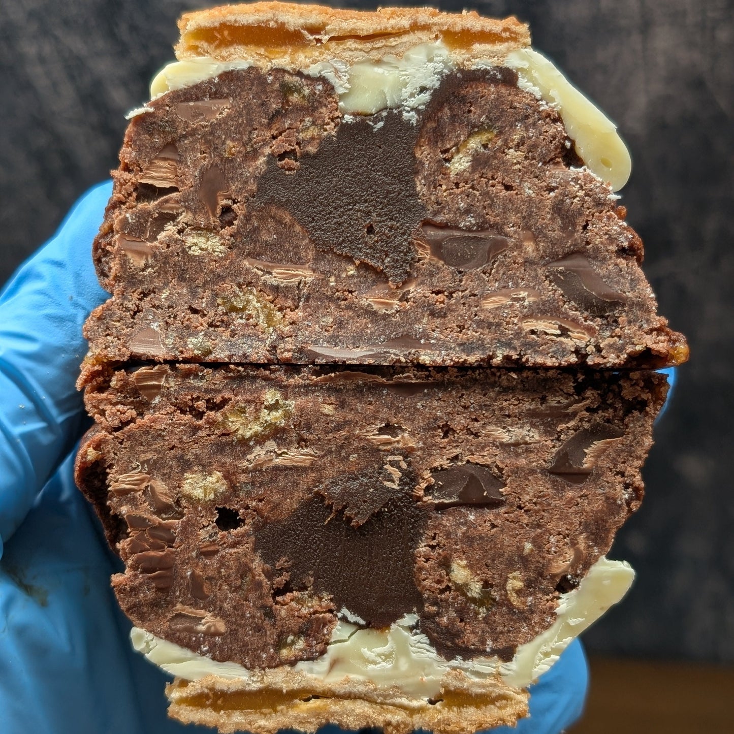 inside view of stroopwaffle cooking with ganache filling